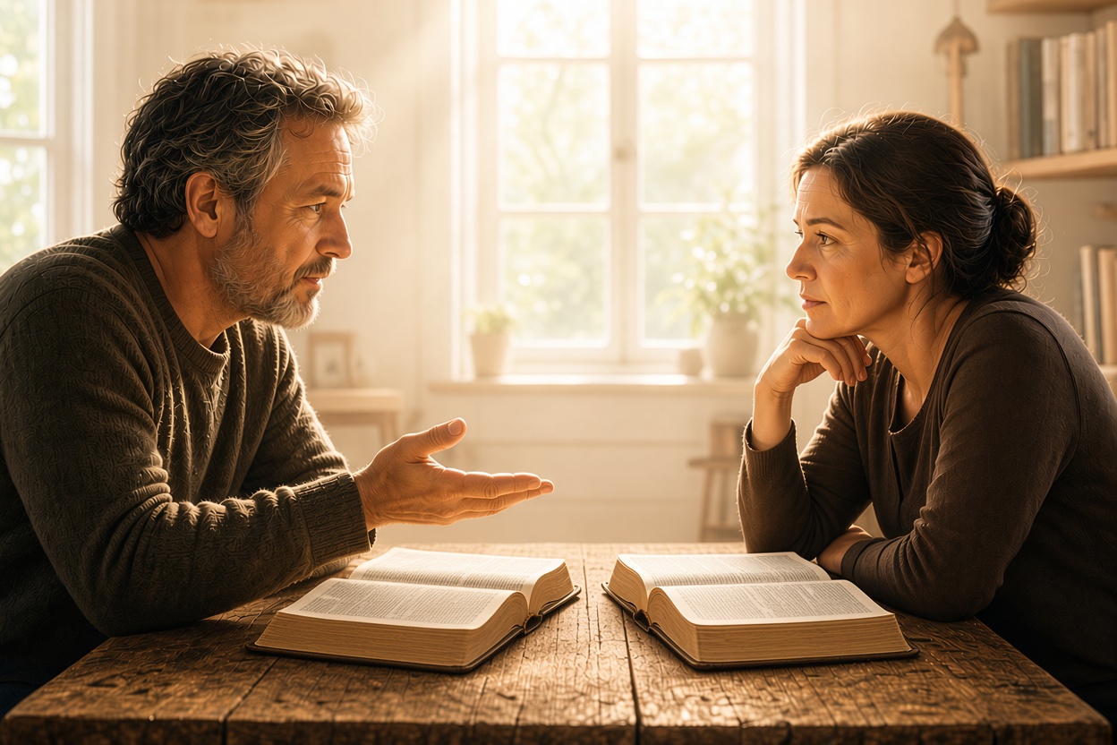 Due persone discutono insieme una Bibbia